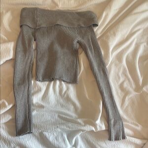 Gray Off-Shoulder Ribbed Sweater